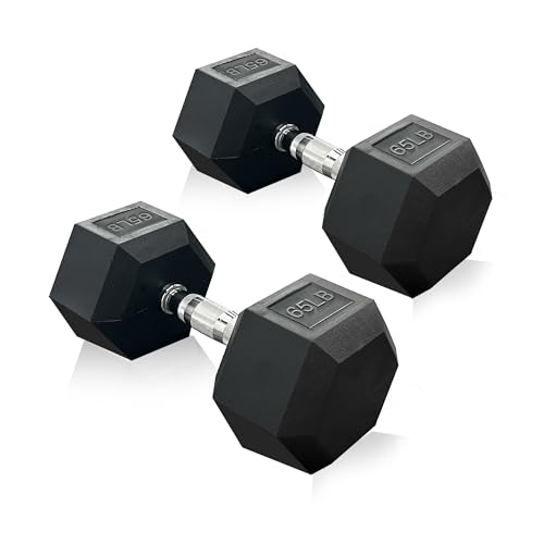 Rubber Hex Dumbbell, Multiple Weight Options 15-550 lbs | Premium Coated Free Weights Dumbbells for Home Gym Strength Training, Rack Not Included - color: 65LB pair