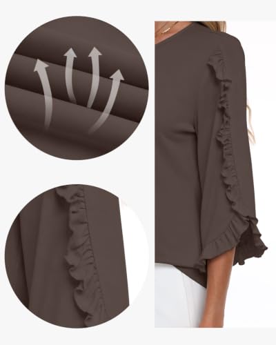3/4 Length Sleeve Womens Tops Crewneck Ruffle Sleeve Shirts Dressy Casual Blouse Summer Fall Fashion Business Outfit - color: Coffee Brown, size: Medium