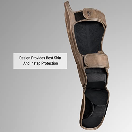 Hayabusa T3 LX Leather Striking Shinguards | Slip-On Design, Padded Knuckle Protection, Hook and Loop Closure, Muay Thai Kickboxing, Men and Women, Sparring - color: Brown, size: Large