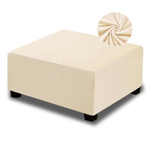 NeColorLife Velvet Ottoman Cover Rectangle Storage Ottoman Slipcover Thick Stretchable Footrest Stool Covers with Elastic Band (Medium Size,Cream (with Warm Undertones)) - color: Cream, size: M Length: 31"-34",Width: 31"-43"