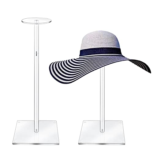 Acrylic Hat Stand and Wig Display Rack, 2pcs 17" Clear Hat Stands for Display, Adjustable Height Hat Holder, Square Barbell Base Display, Hat Rack Stand for Display Jewelry Watch Helmets - size: Square Base