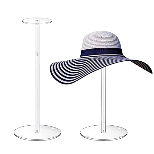 Acrylic Hat Stand and Wig Display Rack, 2pcs 17" Clear Hat Stands, Adjustable Height Hat Holder, Round Barbell Base - size: Round Base