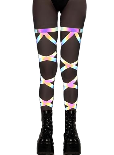 Ella Lust Reflective Rave Leg Wrap for Women - Adjustable Holographic Glow Straps Music Party Accessories EDC Concert Outfits - color: Reflective Rainbow
