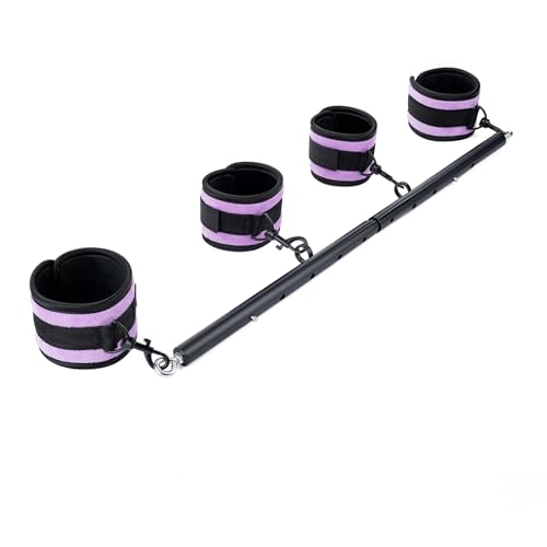 3 in 1 Heavy Duty Stainless Steel Expandable Spreader Bar with 4pcs PU Rose-Gold Adjustable Straps,Workout Bar for Home Gym Training Bar,Portable Detachable Pilates Kit - style: Black+Purple Furry Kit