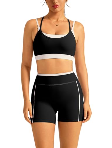 Double Layer Workout Sets for Women 2 Piece Matching Gym Set High Waist Shorts with Pockets Sports Bra Yoga Pilates Outfits - color: Black, size: Medium