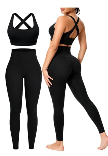 Workout Sets for Women 2 Piece Seamless High-Waisted Leggings & Cross Back Padded Sports Bra for Yoga Pilates - color: Black, size: X-Large