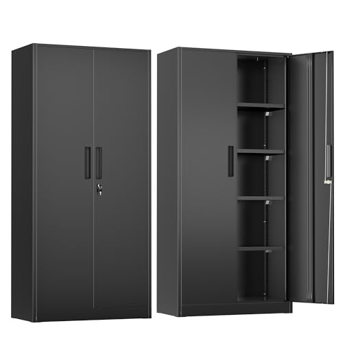 Greenvelly Metal Storage Cabinet, 72" Black Locking Storage Cabinets with Doors and 4 Shelves, Tall Tool Storage Cabinet for Garage, Steel Lockable File Cabinet Metal Locker for Home Office, Classroom - color: Black, size: 71 Inch
