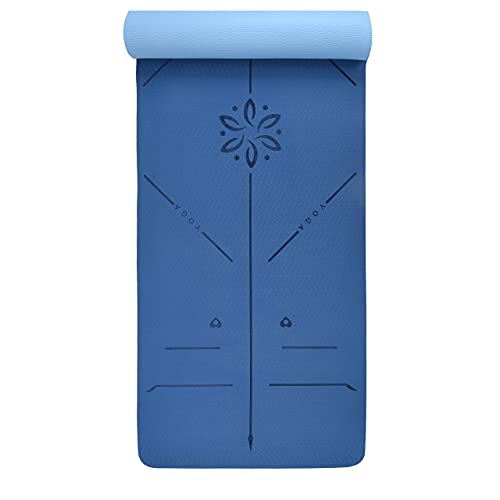 YOGATI® Yoga Mat with Strap with Alignment Lines. Home Workout Mat for Women, Men and Kids. Thick Non Slip Yoga Mat for Pilates and Fitness. Brown, Pink and Purple Yoga Mats - color: Blue
