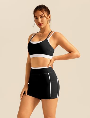 Double Layer Workout Sets for Women 2 Piece Matching Gym Set High Waist Shorts with Pockets Sports Bra Yoga Pilates Outfits - color: Black, size: Medium