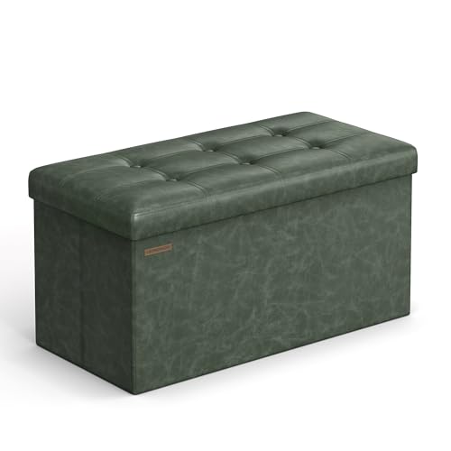 SONGMICS Mazie Collection - 30 Inches Folding Storage Ottoman Bench, Ottoman with Storage, Foot Rest Stool, Load 660 lb, for Living Room, Synthetic Leather, Forest Green ULSF040C01 - color: Forest Green, size: 15"D x 30"W x 15"H