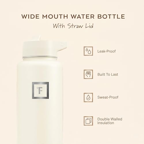 IRON °FLASK 40 oz Wide Mouth Water Bottle with Straw | Insulated Stainless Steel Sports Water Bottle with Leakproof Straw Lid - BPA Free, Cold 24 Hrs, Sweat Free (Cashmere Cream) - color: Cashmere Cream, style: Straw - 40 Oz (1 Lid)