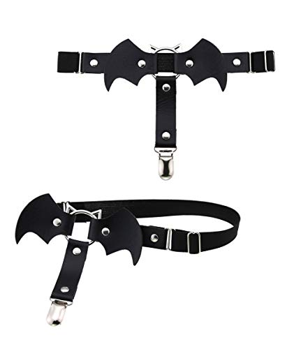 Adjustable Elastice 2 Rows Leather Leg Harness Garter Belt Punk Gothic Thigh Ring Garter - color: Black Bat Shape With Clip