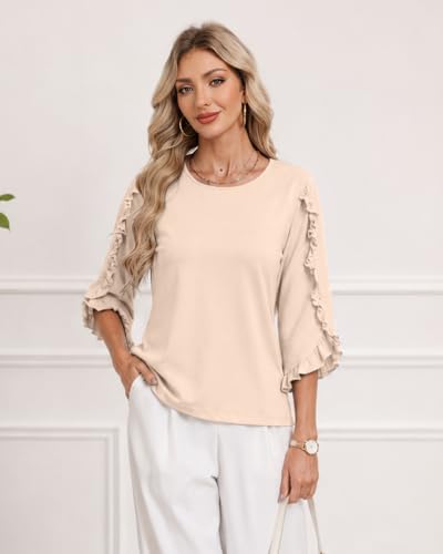 3/4 Length Sleeve Womens Tops Crewneck Ruffle Sleeve Shirts Dressy Casual Blouse Summer Fall Fashion Business Outfit - color: Apricot, size: Large