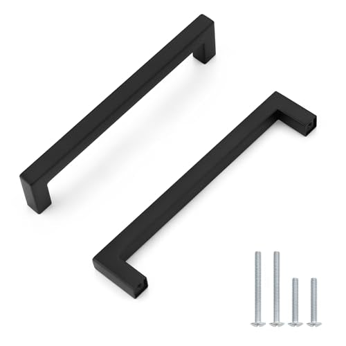 Probrico 5 Pack Black Square Kitchen Cabinet Pulls,Hole Centers 6.25inch Stainless Steel Cabinet Handles,Square Corner Bar Black Dresser Drawer Pull Handles - color: Black, size: Hole Center: 160mm(6.3inch)