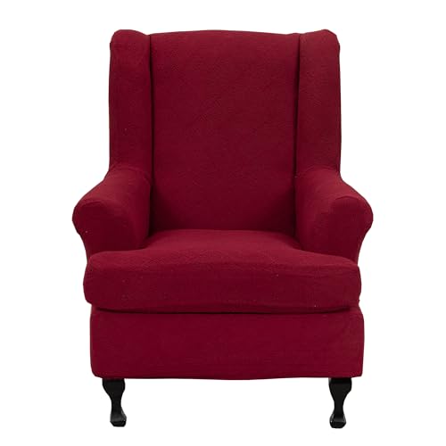 CRFATOP 2 Piece Stretch Wingback Chair Cover Jacquard Wing Chair Slipcovers Spandex Fabric Wingback Armchair Covers with Elastic Bottom for Living Room Bedroom Wingback Chair,Burgundy - color: Color C26-burgundy