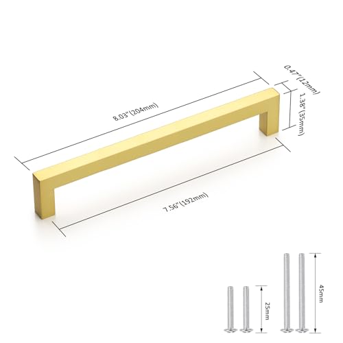 Probrico 5 Pack Square Gold Kitchen Cabinet Pulls 7.5 Inch Stainless Steel Brushed Brass Cabinet Handles Square Corner Bar Polished Gold Dresser Drawer Pull Handles Total Length 8Inch - color: Gold, size: Hole Center: 192mm(7.5inch)