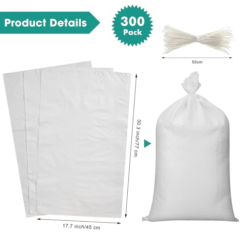 Windyun 200 Pcs White Empty Sandbags with Ties 18 x 30 Inch White Woven Polypropylene Sand Bags Bulk, Heavy Duty Sand Bags Flood Water Barrier for Hurricane Flooding, Construction