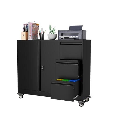 Mobile Large Lateral File Cabinet 3-Drawer,Home Office Rolling Filing Storage Cabinets with Lock & Wheels,Metal Printer Stand Office Storage A4,Letter Legal File Folders,Black - color: Black, size: 3Draws