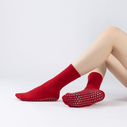 Verdancy Yoga Pilates Socks with Grips for Women Striped Cushioned Non Slip Crew Socks for Barre Ballet Dance - color: Red