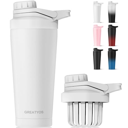 Greatyos Stainless Steel Shaker Bottle with Noise-Free Design - Patented 24 oz Insulated Metal Shakers Bottles Cup for Protein Mixes and Pre Workout 100% Leak Proof (White) - color: White