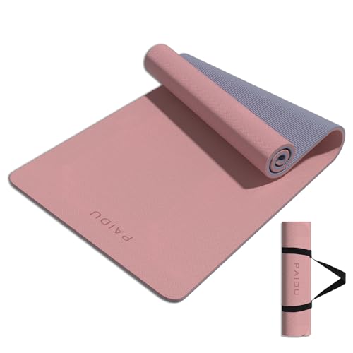 PAIDU Yoga Mat 8mm TPE Non‑Slip Fitness Mat with Strap for Home Workouts | SGS Certified, Odorless, Tear‑Resistant, Unisex, for Yoga, Pilates, Meditation, Home & Gym Workouts - color: Deep Pink&Grey