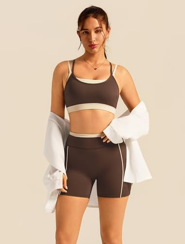 Double Layer Workout Sets for Women 2 Piece Matching Gym Set High Waist Shorts with Pockets Sports Bra Yoga Pilates Outfits - color: Brown, size: Small