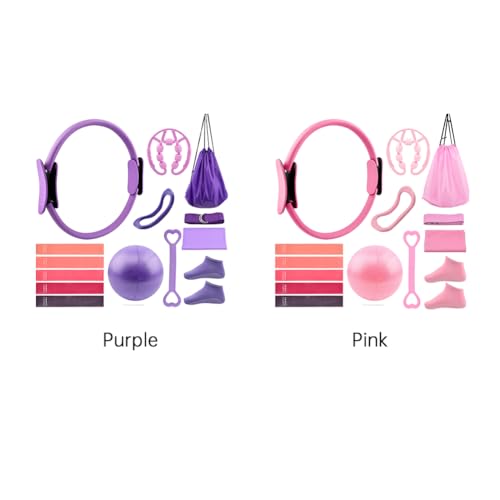 Pilates Essentials Kit for Women, 14 Pcs Home Workout Equipment with Pilates Circle Ball Ring Set Resistance Bands and Anti Slip Sock, Yoga Pilate Essentials Accessories - color: Purple