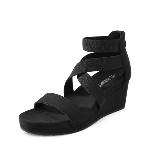 DREAM PAIRS Womens Elastic Ankle Strap Open Toe Platform Wedge Sandals Comfortable Summer Shoes - color: Black, size: 6