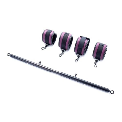 Spreader Bar Heavy Duty Stainless Steel Expandable Silver Bar Home Gym with 4pcs Furry Purple Adjustable Straps,Sports Aid Training Fitness Gear Pilates Aid Kit - style: Black+Eggplant PU Kit