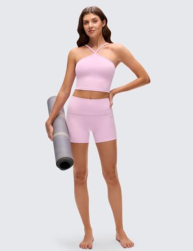 CRZ YOGA Butterluxe Cross Neck Crop Tank Tops | Light Support, Removable Pads, Yoga, Extremely Soft, Square Back, Spaghetti Straps, Longline Sports Bras for Women - color: Vita Pink, size: Large