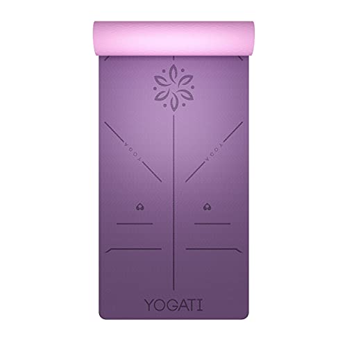 YOGATI® Yoga Mat with Strap with Alignment Lines. Home Workout Mat for Women, Men and Kids. Thick Non Slip Yoga Mat for Pilates and Fitness. Brown, Pink and Purple Yoga Mats - color: Purple