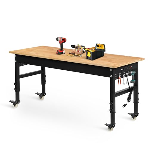 Betterhood 60" Adjustable Workbench on Wheels, Rubber Wood Heavy Duty Workstation with Power Outlets & Pegboard, 2000LBS Load Capacity Hardwood Worktable for Workshop, Garage, Office, Home, Commercial - size: Metal Wheels/Power Outlets/2Pegboard/60"x24"x3