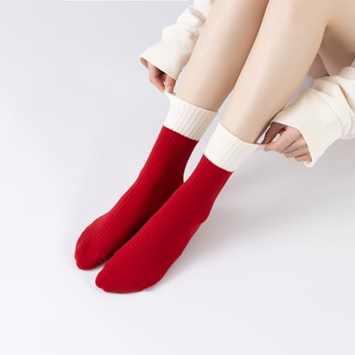 Verdancy Yoga Pilates Socks with Grips for Women Striped Cushioned Non Slip Crew Socks for Barre Ballet Dance - color: White/Red
