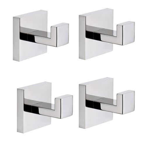 TASTOS Bath Towel Hooks Polished Chrome, 4 Pack Stainless Steel Robe Coat and Clothes Hook, Heavy Duty Wall Hook for Bathroom & Kitchen, Modern Square Style Wall Mounted - color: Polished Chrome, size: Square (4 Pack)