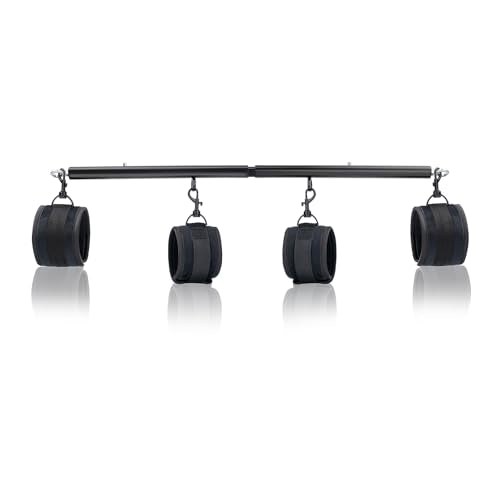 Spreader Bar Heavy Duty Stainless Steel Expandable Bar Home Gym with 4pcs Furry Crocodile Adjustable Strap,Sports Aid Training Pilates Aid Kit,Indoor Yoga Set - style: Black+Black PU Furry Kit