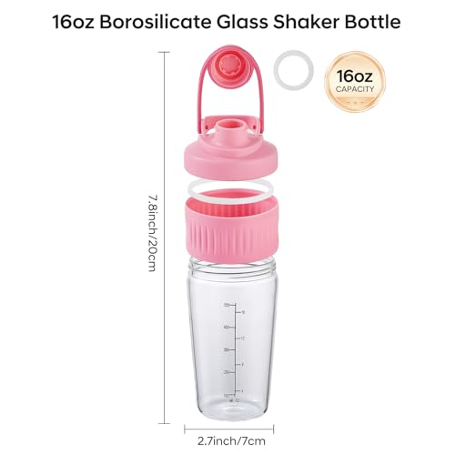 16oz Glass Shaker Bottle for Protein, 2 Pack Small Borosilicate Glass Protein Powder Leak-Proof Shaker Cup Mixes with 304 Blending Ball(16oz,Pink) - color: 2 Pack-Pink, size: 16oz