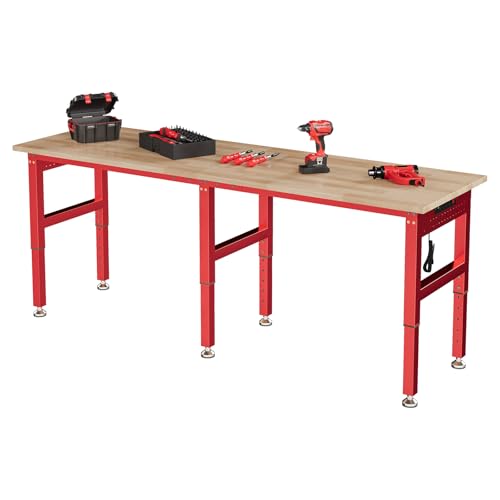 SPECRAFT 84" Red Adjustable Heavy Duty Workbench with 4 AC Outlet and 2 USB Ports Power Outlets, 6000 Lbs Capacity, Rubber Wood Top for Garage, Workshop, Office - color: Red, size: Standard/84"x24"