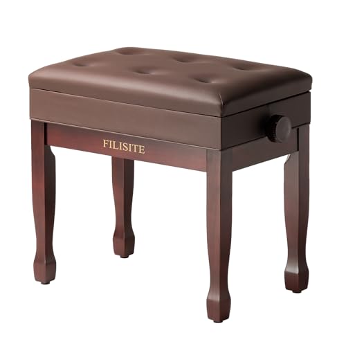 Adjustable Height Piano Bench Stool PU Leather Cushion Wooden Keyboard Seat with Music Storage (Brown) - color: Brown