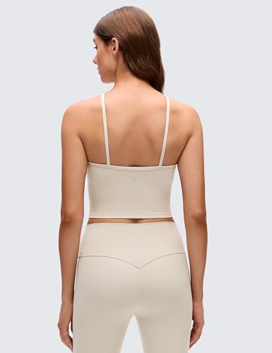 CRZ YOGA Butterluxe Cross Neck Crop Tank Tops | Light Support, Removable Pads, Yoga, Extremely Soft, Square Back, Spaghetti Straps, Longline Sports Bras for Women - color: Mojave Tan, size: X-Small