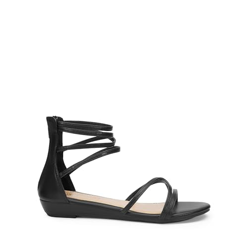 DREAM PAIRS Women's Ankle Strap Flat Sandals Summer Dressy Strappy Gladiator Rhinestones Sandals - color: Black/Pu, size: 7.5