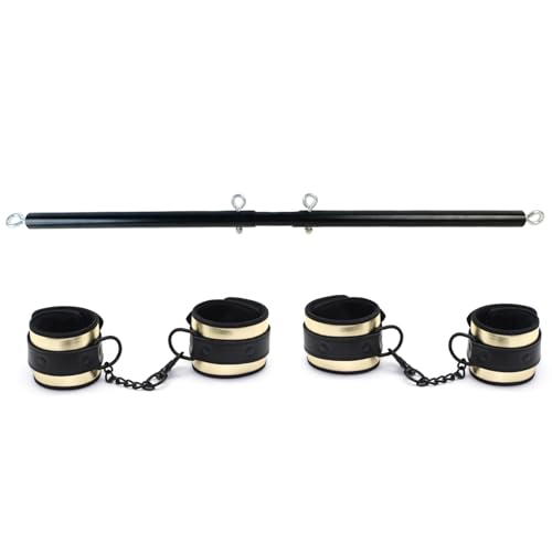 3 in 1 Heavy Duty Stainless Steel Expandable Black Spreader Bar with 4pcs PU Gold Adjustable Straps,Workout Bar for Home Gym Training Bar,Portable Detachable Pilates Kit