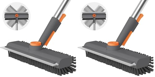 Floor Scrub Brush with Long Handle, 3 in 1 Scrape and Heavy-Duty Stiff Bristle Scrubber Brush for Cleaning Shower Bathroom, Patio, Pool, Garage, Kitchen, Wall and Deck (Gray, 2 Pack) - color: Gray, size: 2 PACK