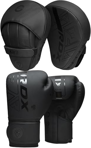 RDX Boxing Pads and Gloves Set, Maya Hide Leather Kara Hook and Jab Curved Focus Mitts with Punching Gloves for MMA, Muay Thai, Kickboxing Coaching, Martial Arts - color: Black, size: 14OZ