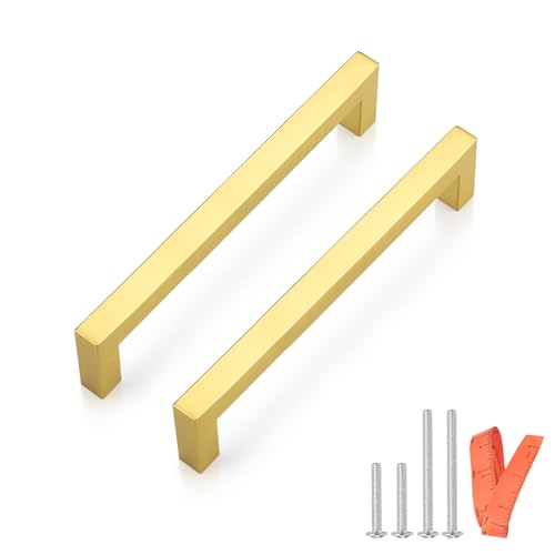 Probrico 5 Pack Square Gold Kitchen Cabinet Pulls 6.3 Inch Stainless Steel Brushed Brass Cabinet Handles Square Corner Bar Polished Gold Dresser Drawer Pull Handles Total Length 6.8Inch - color: Gold, size: Hole Center: 160mm(6.3inch)