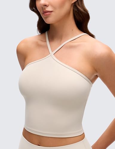 CRZ YOGA Butterluxe Cross Neck Crop Tank Tops | Light Support, Removable Pads, Yoga, Extremely Soft, Square Back, Spaghetti Straps, Longline Sports Bras for Women - color: Mojave Tan, size: Medium