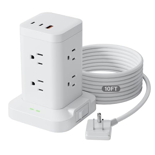 Power Strip Tower with Surge Protector 1800J, Fast Charging Tower PD20W USB-C Ports with 8 AC Outlets, Extension Cord for Home Office Dorm Room, White, 10FT - color: White, size: 10FT
