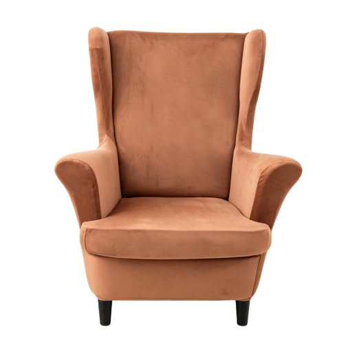 NILUOH Thick Velvet Wingback Chair Slipcovers 2-Piece, Stretch Wing Chair Covers Soft Sofa Slipcover Wing Back Armchair Cover Furniture Protector for Living Room - color: Red-camel