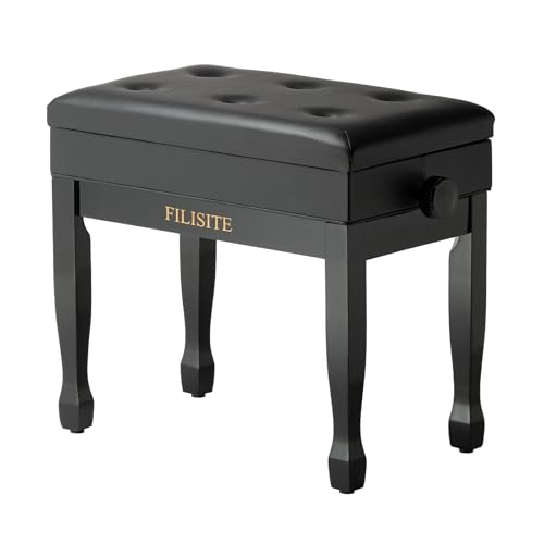 Adjustable Height Piano Bench Stool PU Leather Cushion Wooden Keyboard Seat with Music Storage (Black) - color: Black