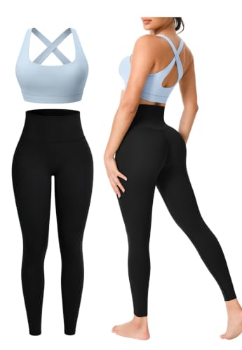 Workout Sets for Women 2 Piece Seamless High-Waisted Leggings & Cross Back Padded Sports Bra for Yoga Pilates - color: Blue, size: Large