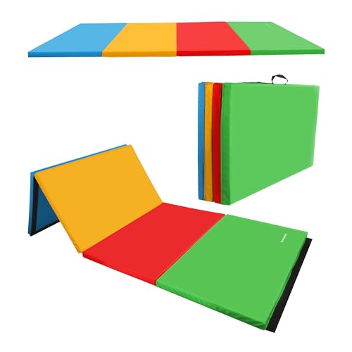 BalanceFrom 6x4 Feet 4-Panel Folding Gymnastics Mat – 2-Inch Thick Pad with Vinyl Surface and Carrying Handles for Tumbling, Yoga, Pilates, Home Workouts, and Martial Arts - color: Multi-Color